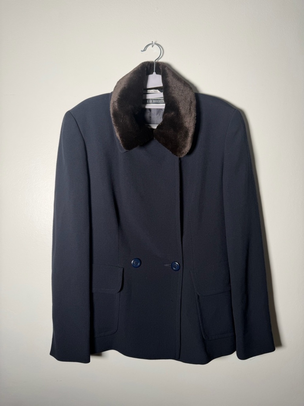 Vintage Italian Navy Wool Blend Jacket with Faux Fur Collar - Picture 2 of 8